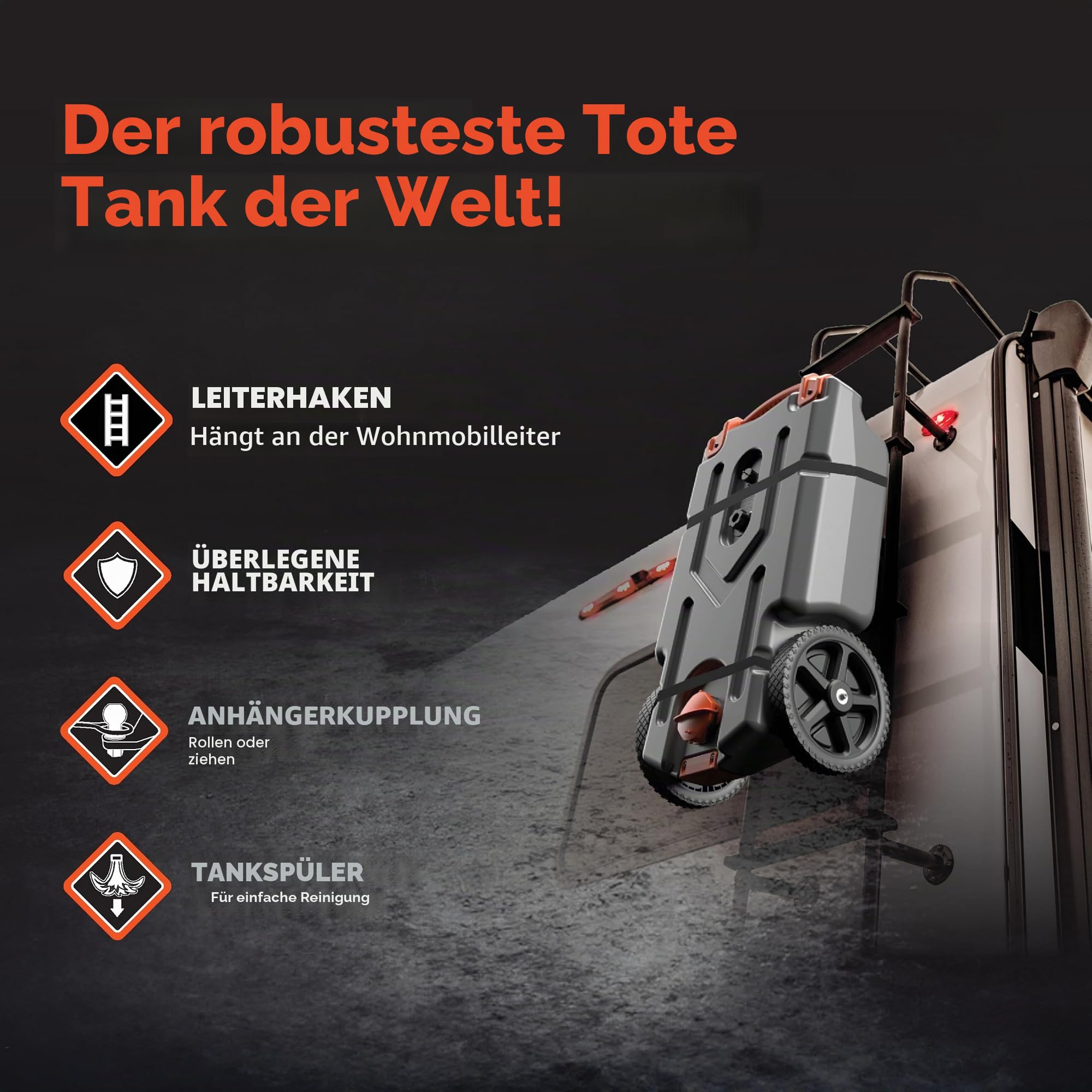 Camco Rhino 21-Gallonen Wohnmobil Abwassertank – Mit robusten pannensicheren Rädern, niedrigem Abflussloch, abnehmbarem Stahl-Zugadapter, 91,4 cm Abwasserschlauch und weiterem Zubehör (39002)