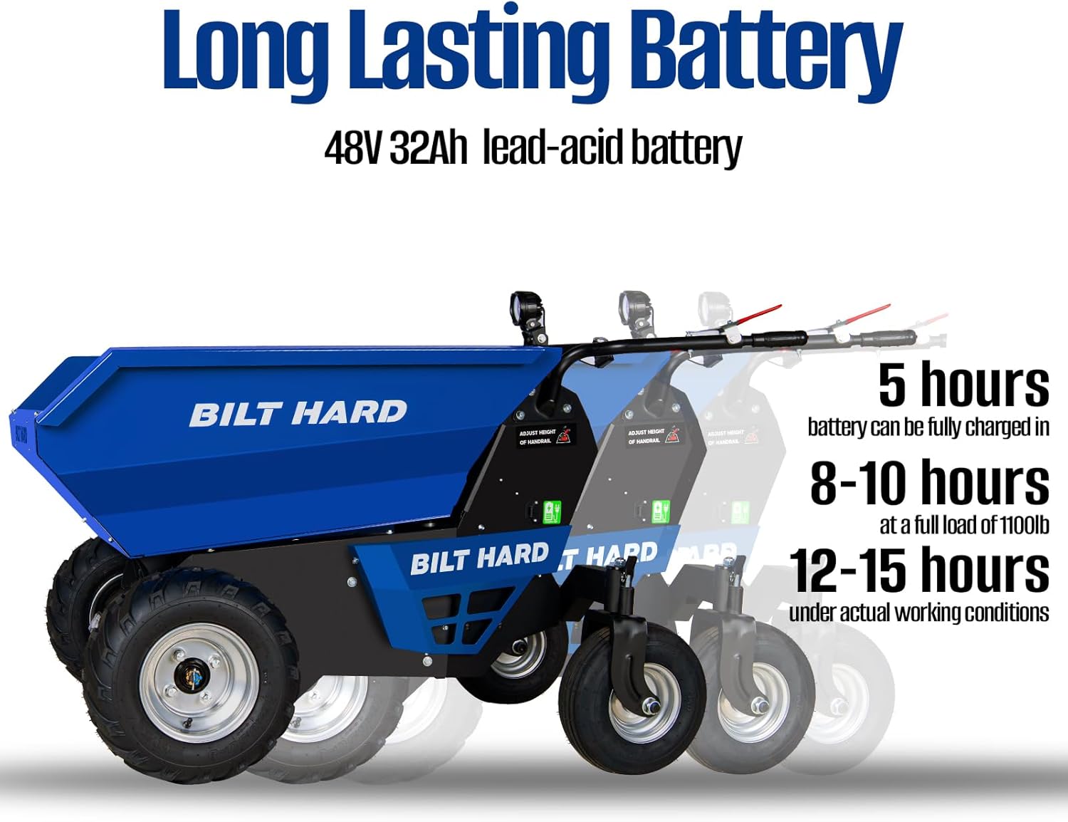 BILT HARD 1100 LBS Electric Mini Dumper Battery Powered (48V 32Ah) with Hydraulic Tipping, Wheelbarrow Dump Cart Electric with 1000W Brushless DC Motor for Construction & Job Sites