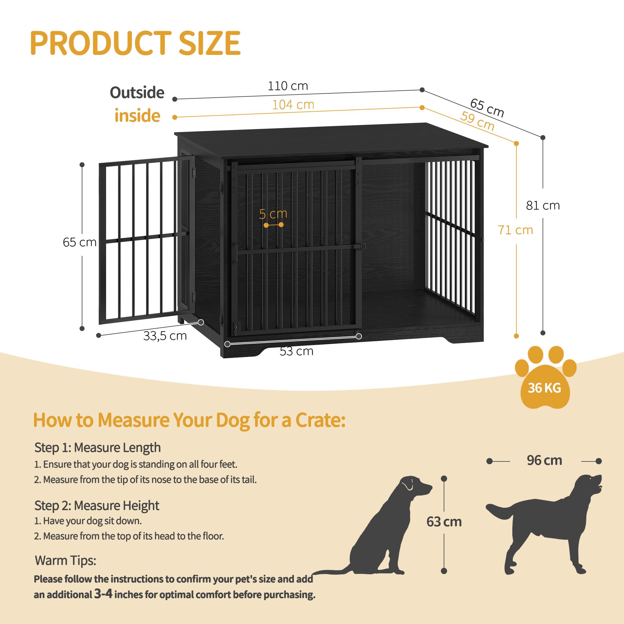 Hzuaneri 110cm Cage pour Chiens, Table d’Appoint, Niche Moderne pour Chiens, Cage pour Chiots, Maisonnette pour Animaux, 2 Portes, 110 × 65 × 81 cm, Noire DFC84404B