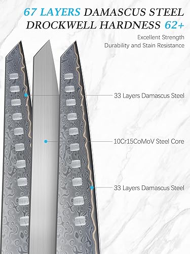 Miniatura 2 de HOSHANHO Cuchillo Santoku de Damasco de 7 pulgadas, cuchillo de chef de acero de Damasco de 67 capas, cuchillos de cocina profesionales ultra