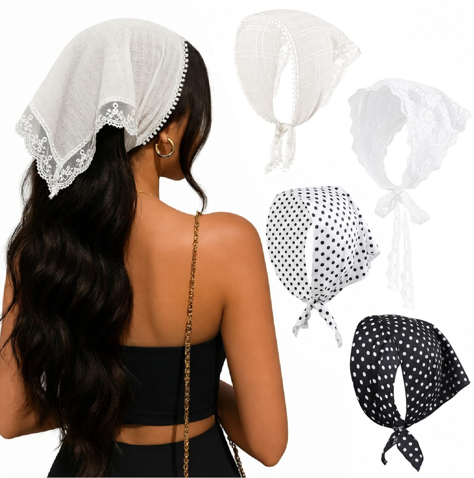 Lace Head Scarf White Polka Dot Bandanas Cute Women Hair Scarf Headband