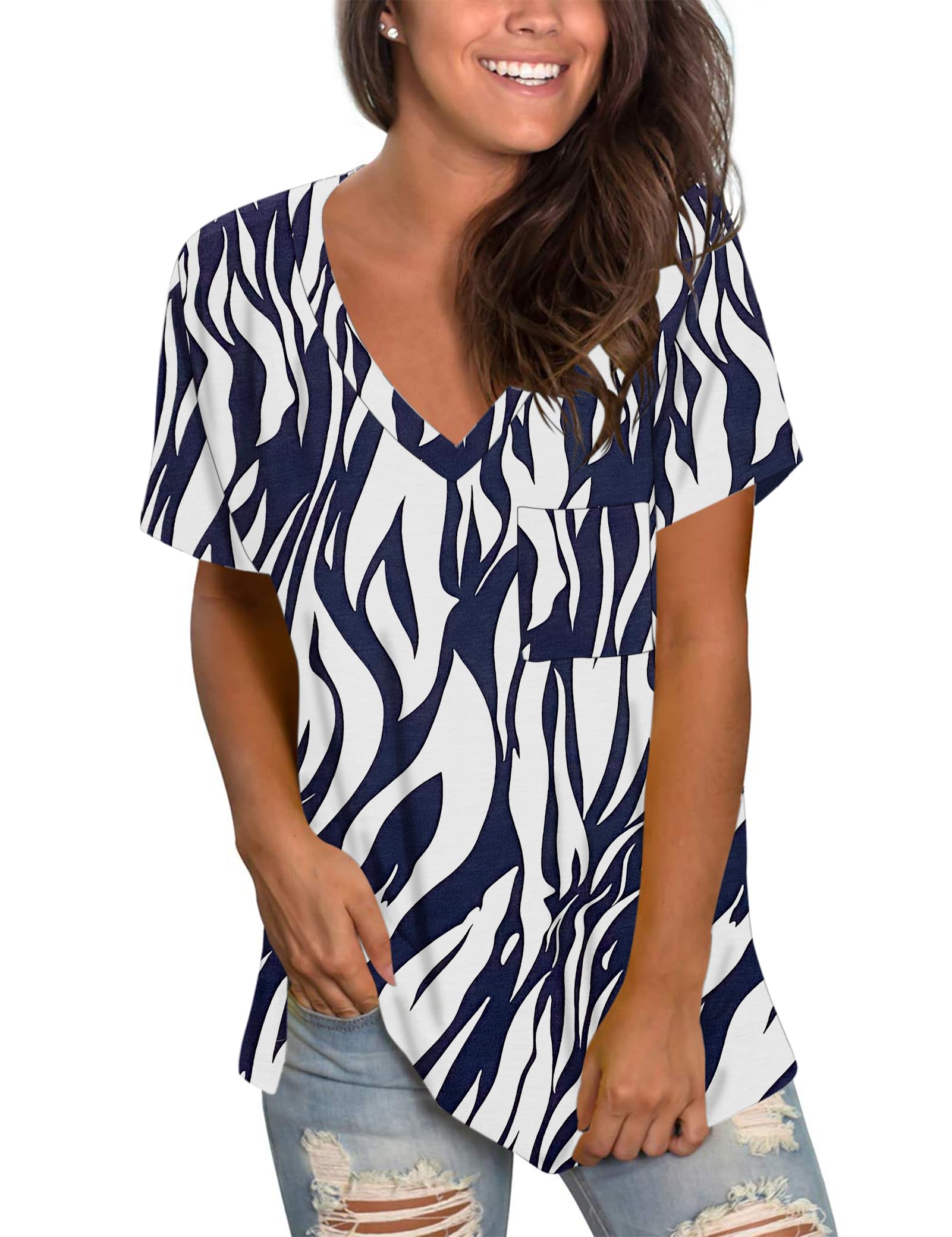 MOLERANI Women's Short Sleeve V-Neck Shirts Loose Casual Tee Summer Tops with Pocket (3XL, White Navy Leaf)