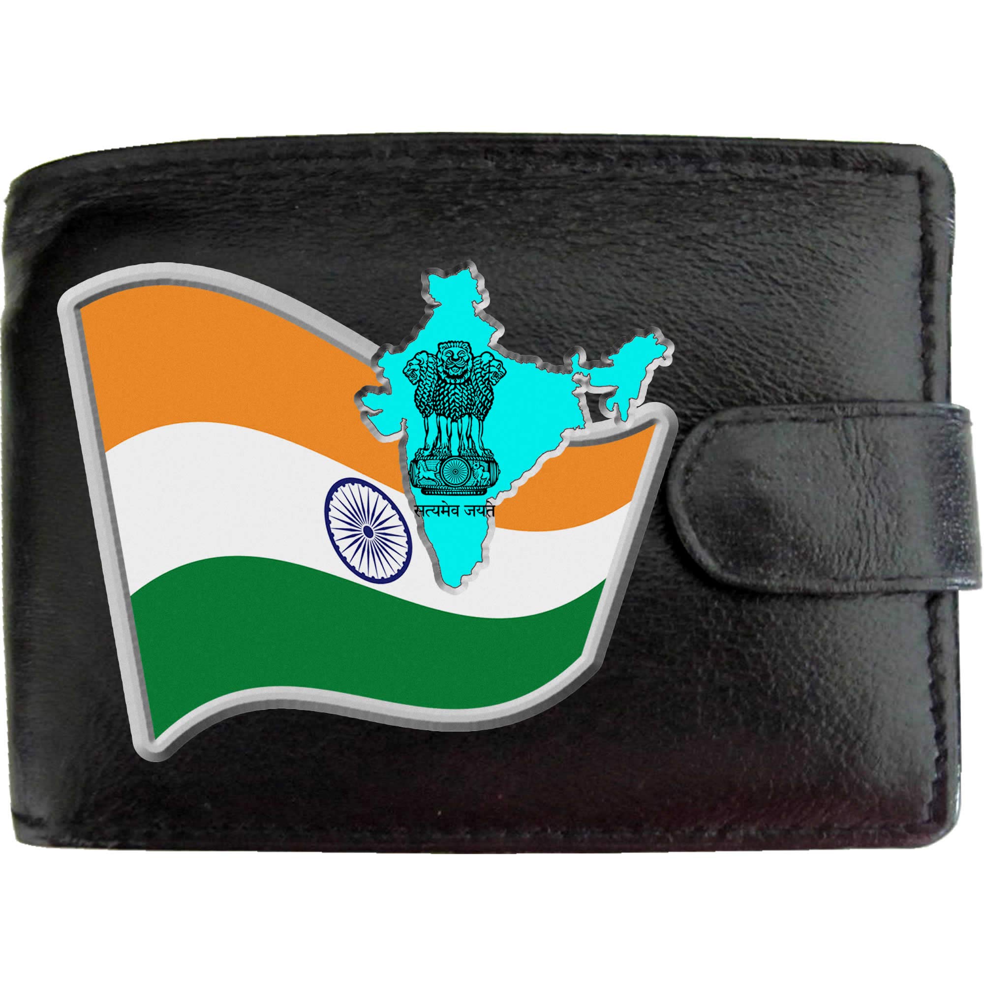 India Flag Indian Map and Coat of Arms COA Mens Wallet Real Black Leather RFID Blocking with Coin Pocket and Metal Gift Box