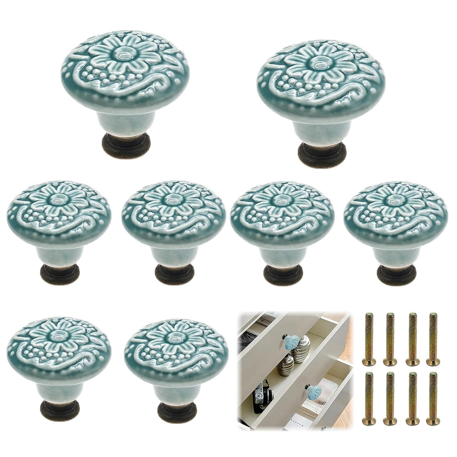 SHILIUZHI 8 Pcs Ceramic Drawer Knobs Set, Floral Kitchen Cupboard Retro Drawer Knobs with Screws Set for Cupboards & Drawers - Green, Furniture Pull Handles