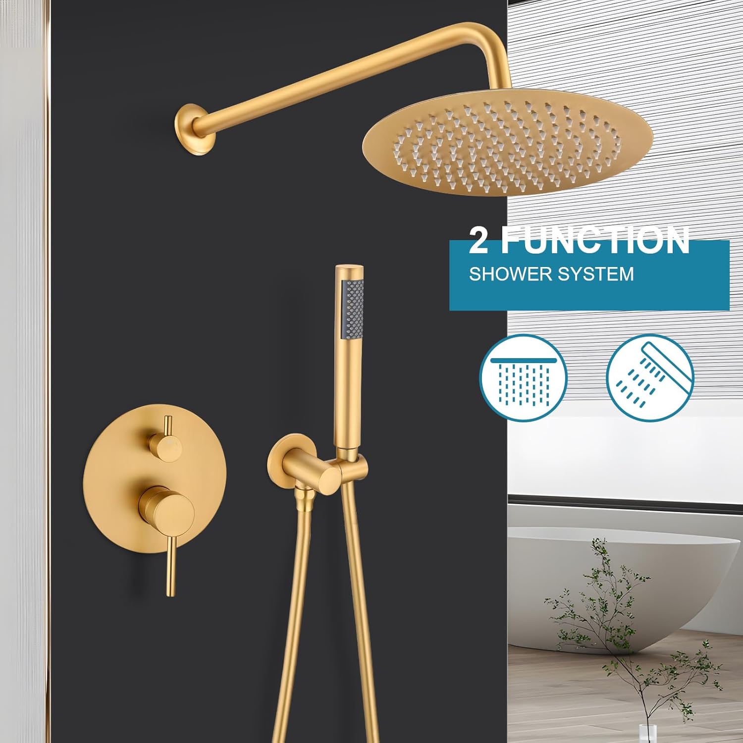 Brushed Gold Shower Faucet Set, Bathroom Rainfall Shower System Fixture 10 Inch High Pressure Round Rain Shower Head with Handheld Sprayer Combo Wall Mount with cUPC Certified Rough-in Valve - Image 2