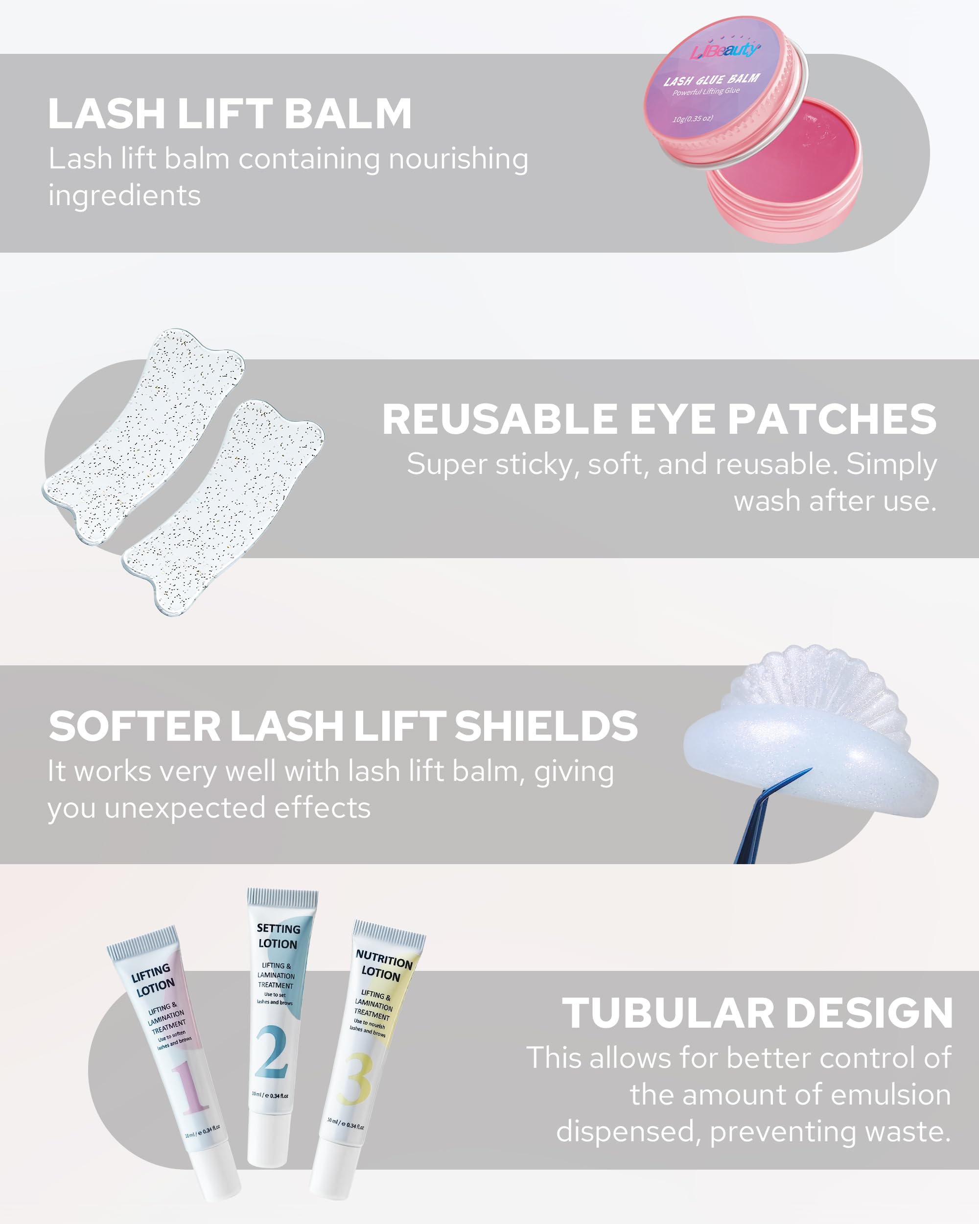 Libeauty Kit Lifting de Pestañas y Laminación de Cejas, Diseño en Tubo para Fácil Aplicación, Control Preciso, Ricci Naturales, Uso en Casa y Salón