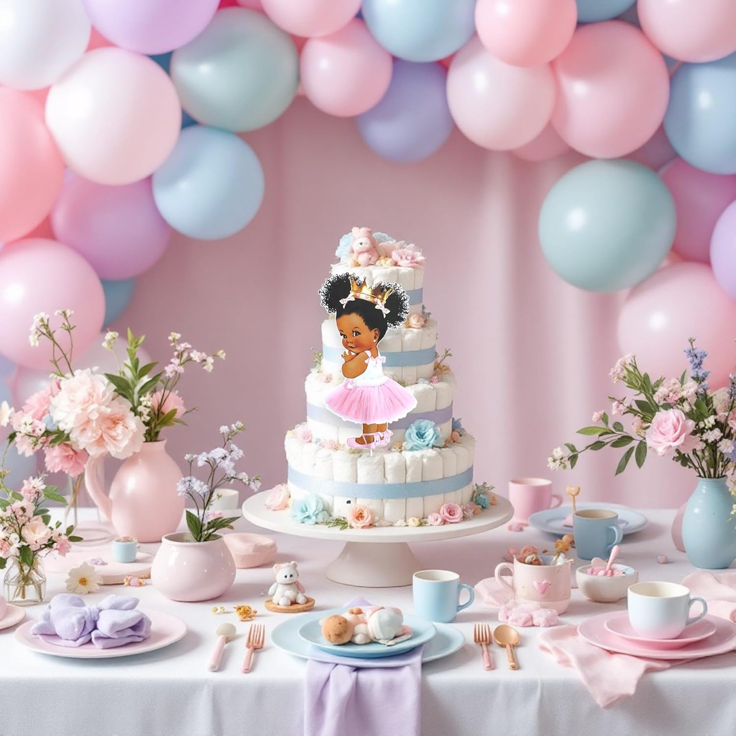 Little Princess Centerpieces Baby Shower Table Decoration 10 inches Pink Gold African American Black Royal Birthday Cake Topper (5)