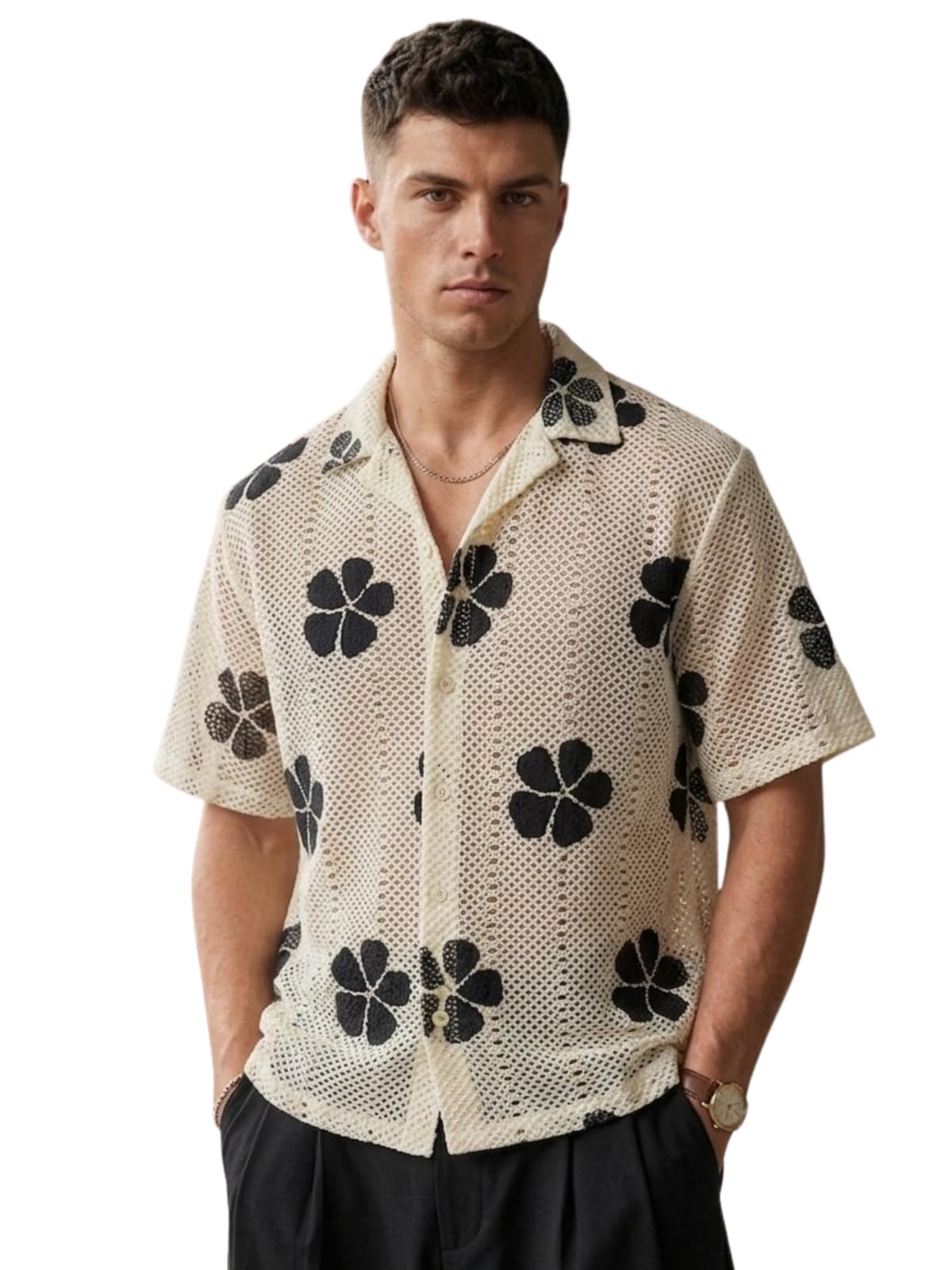 greciilooks Men`s Shirt | Mens Casual Crochet Knitted | Half Sleeve Printed Crochet with Cuban Collar Shirt`s | Relaxed fit Down Shoulder Textured & Stylish Premium Mens Shirt-picture-25