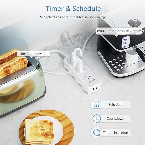 Miniatura 3 de TESSAN - Protector de sobretensiones inteligente 900J, cable de extensión WiFi con 3 tomas de corriente controladas individualmente, enchufe 2 USB,