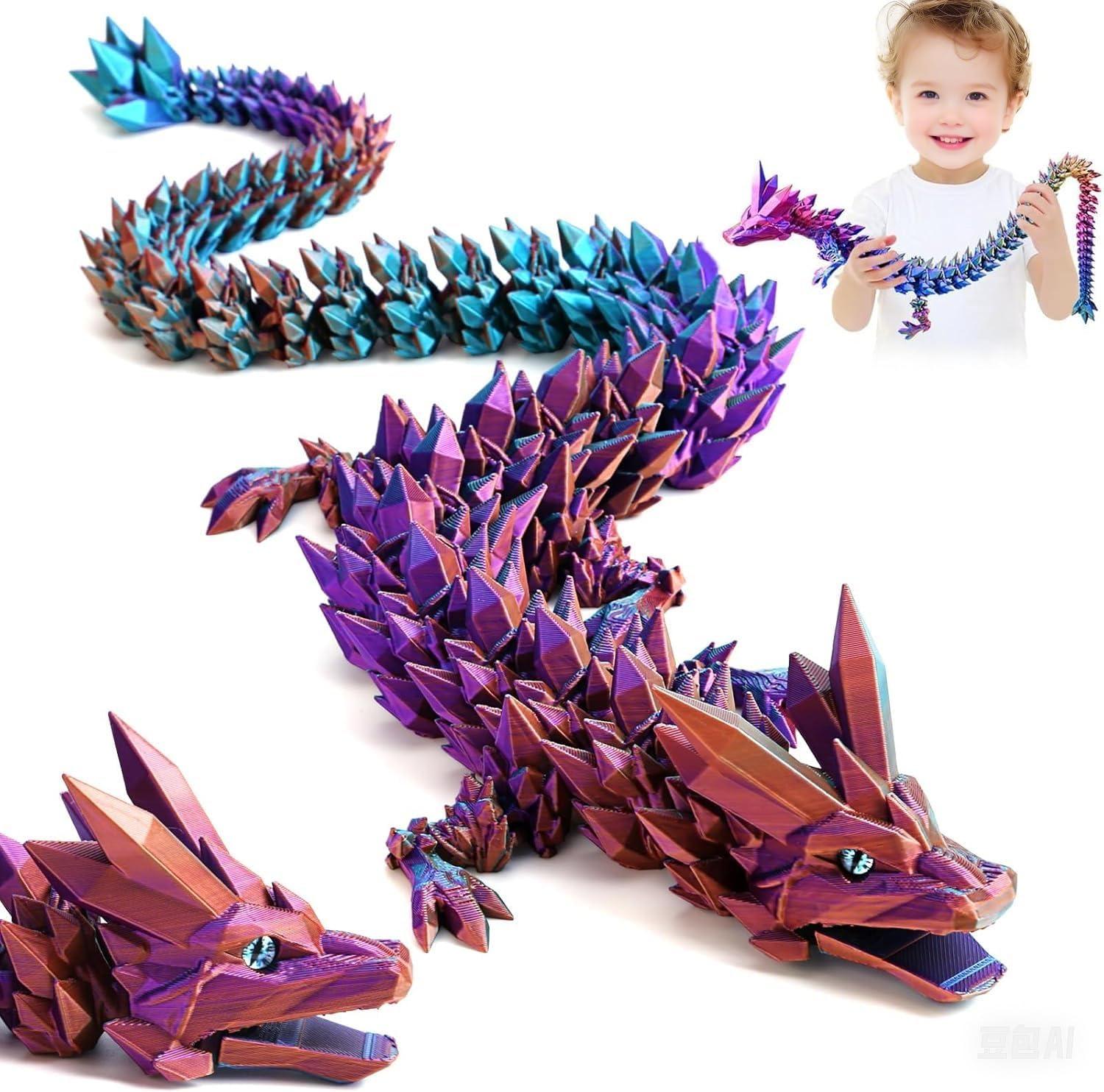 Large 3D Printed Dragon 24 inch- Articulated Crystal Dragon Toys with Wings, Big 3D Printed Animals ADHD Fidget Toy Gifts for Desk Decor, Perfect Desk Pet for Animal Collectors