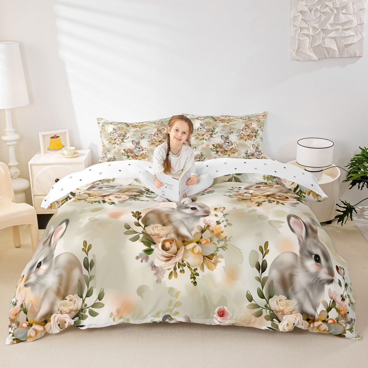 Erosebridal Gray Rabbit Duvet Cover for Kids Cute Floral Bunny Comforter Cover Toddler,Rustic Farm Flowers Bedding Set,Yellow