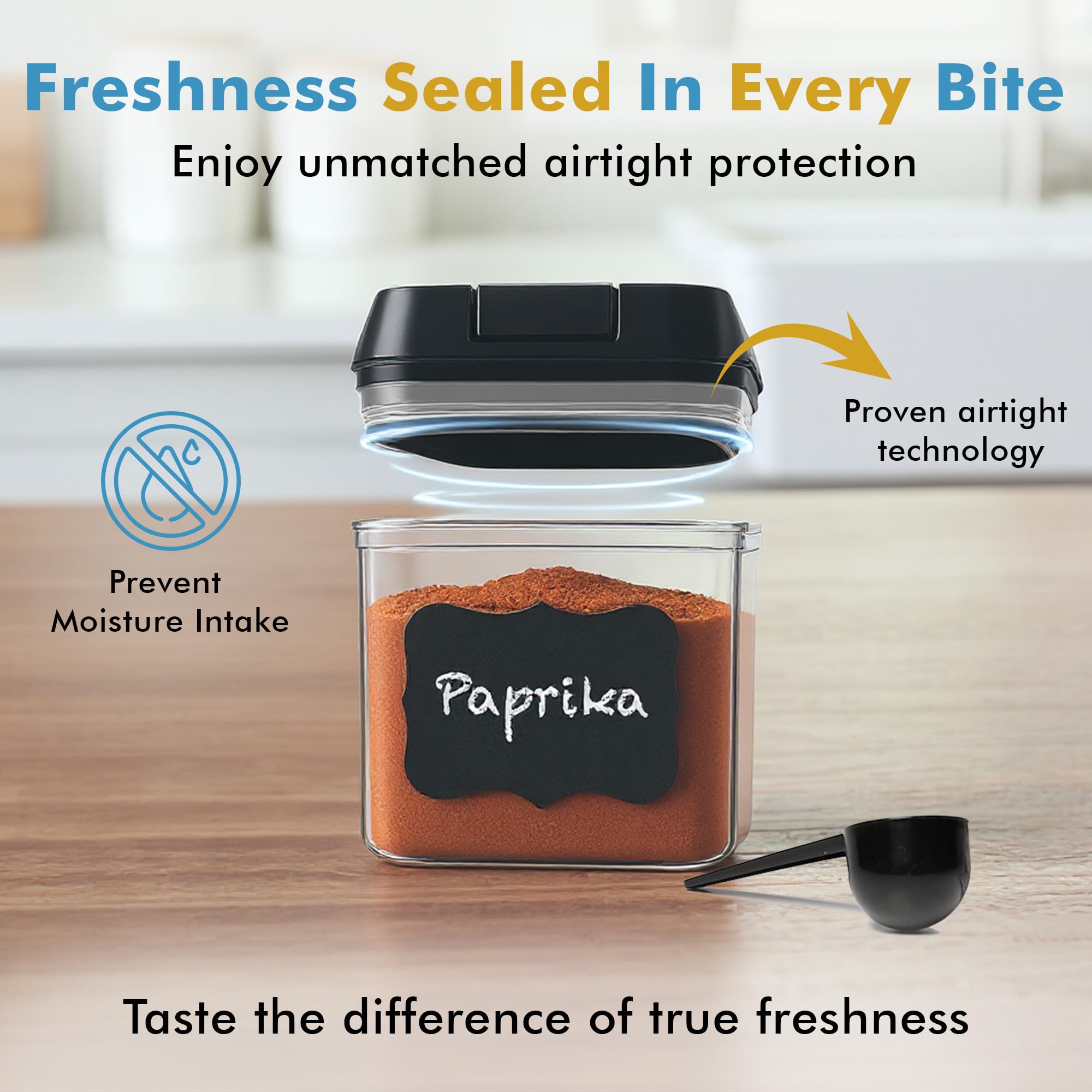 Shazo Juego de 6 mini recipientes herméticos + 6 cucharas, recipientes de plástico transparente duraderos para almacenamiento de alimentos con tapas, recipientes de despensa para armario de cocina
