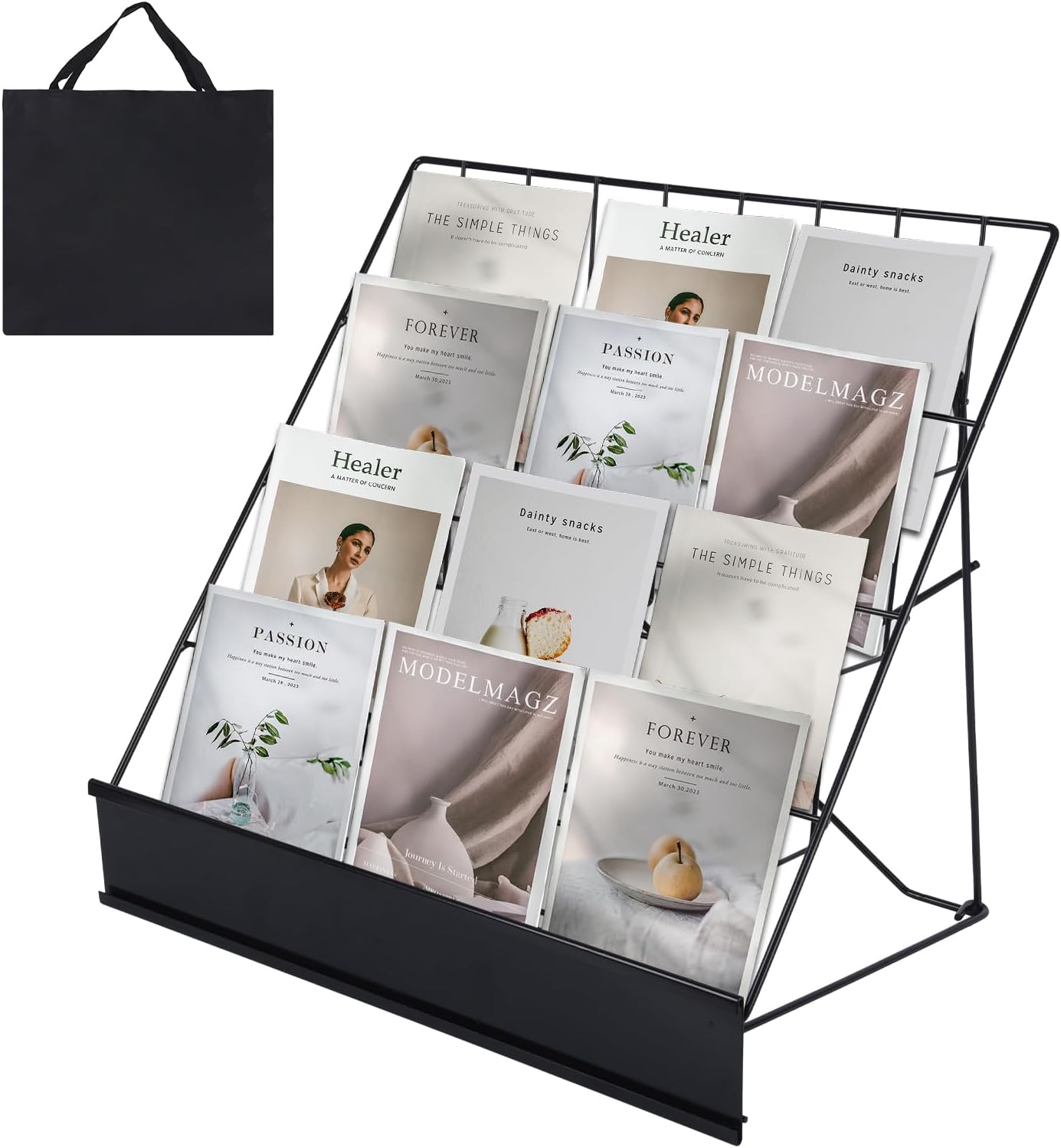 Book Display Rack with Storage Bag, Book Signing Rack, 4 Tiered Tabletop Magazine Display Rack for Library Classroom Picture Literature Brochure 16.14" x 17.95" x 17.24"