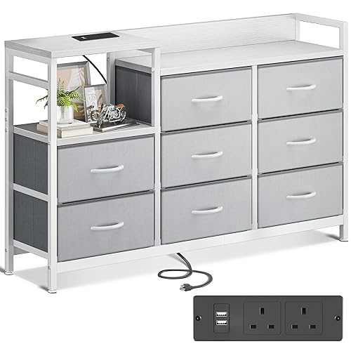 ODK Chest of Drawers Bedroom, Contains 2 USB & 2 AC Ports Sockets, Storage Dresser with 8 Fabric Drawers Suitable for Bedrooms, Living Rooms, Light Grey - Light Grey