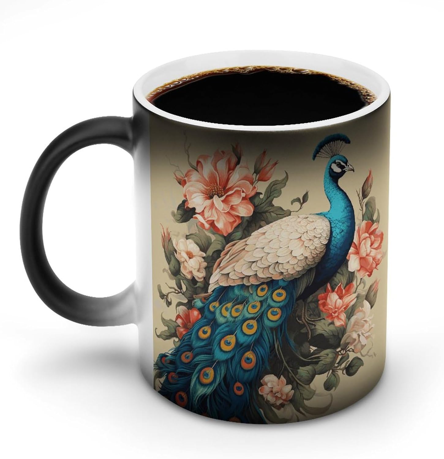 Color Changing Mug Peacock And Flowers Printed Ceramic Coffee Mug Heat Changing Sensitive Mug Magic Heat Changing Coffee Mug Novelty Coffee Mugs