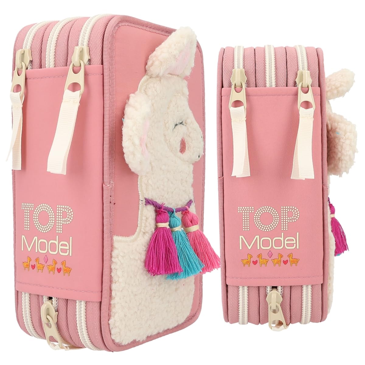 Depesche 12584 TOPModel Cosy - Gefüllte 3-Fach Federtasche, Alpaka Motiv mit Teddy-Kunstfell und bunten Quasten, Federmäppchen mit Buntstiften, Lineal, Schere uvm.