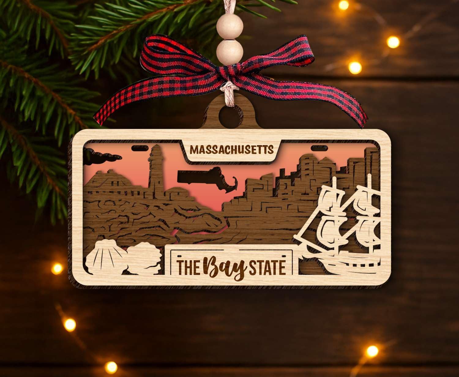 Massachusetts Wooden Ornament - Bay State Scene Featuring City Skyline and Historic Liberty Symbols - Layered Laser Cut Design Representing Colonial and Modern Heritage - State Souvenir Piece - Image 2