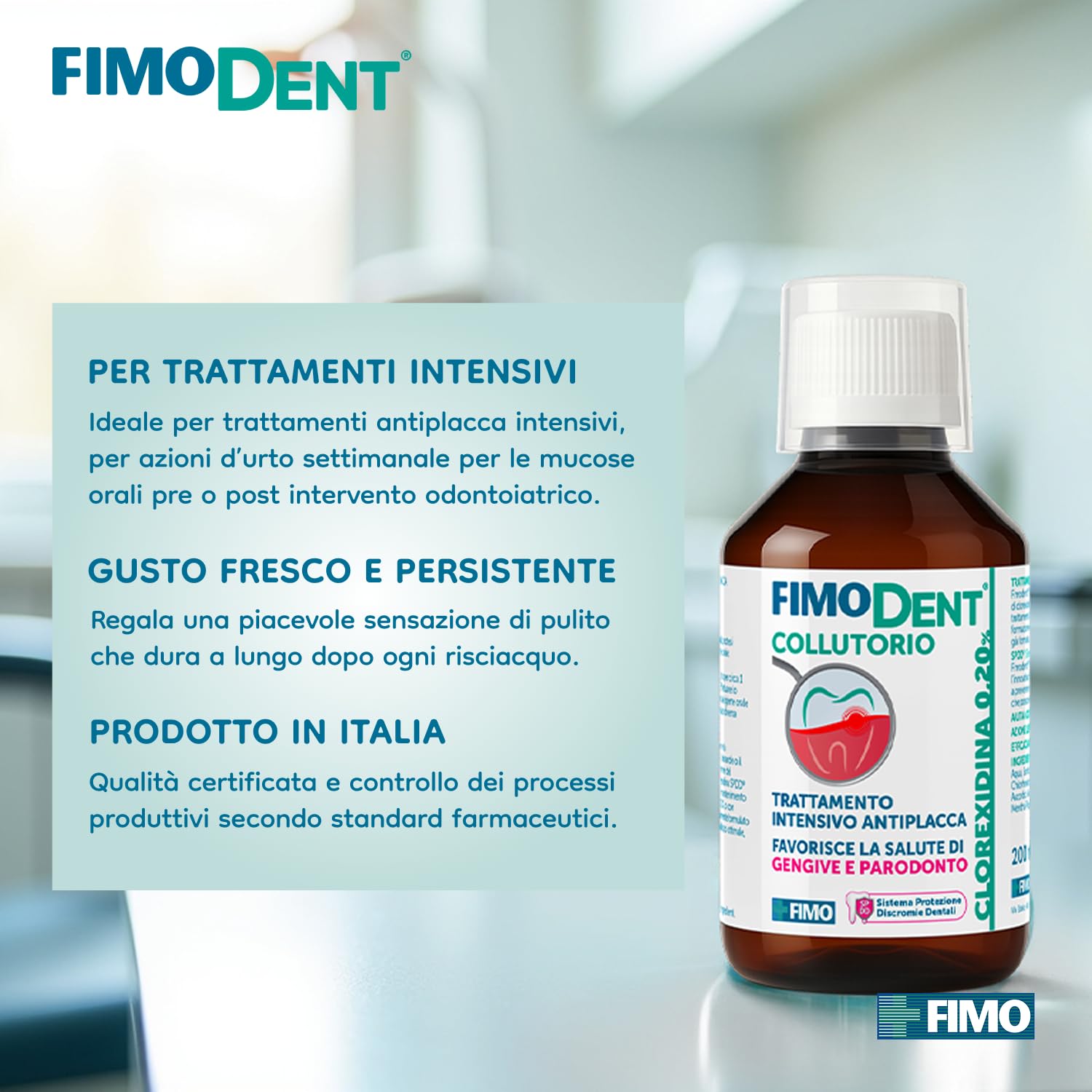 Fimodent Collutorio - Clorexidina 0.20% con SPDD (Sistema Protezione Discromie Dentali) e gradevole gusto menta - Trattamento antiplacca e antibatterico intensivo - 200ml