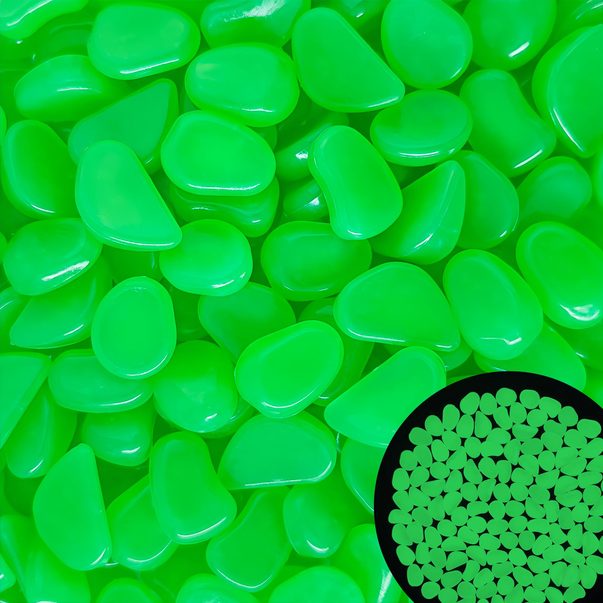 2.1LB 1-1.2" Green Glow in The Dark Rocks Outdoor Decorative Stones Luminous Pebbles Glow Stones for Patio Landscaping Walkway Driveway Large Glowing