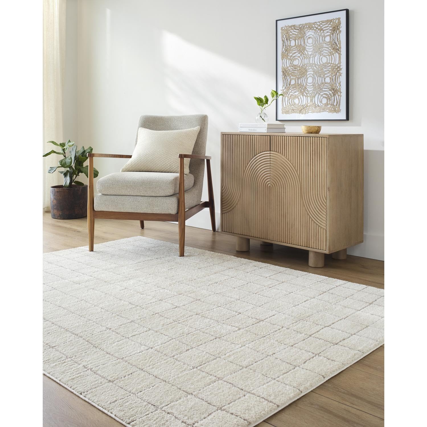 Photo 1 of Livabliss x Our PNW Home Cascade Minimalist Grid Area Rug, 9'2" x 12', Grid Ivory/Taupe
