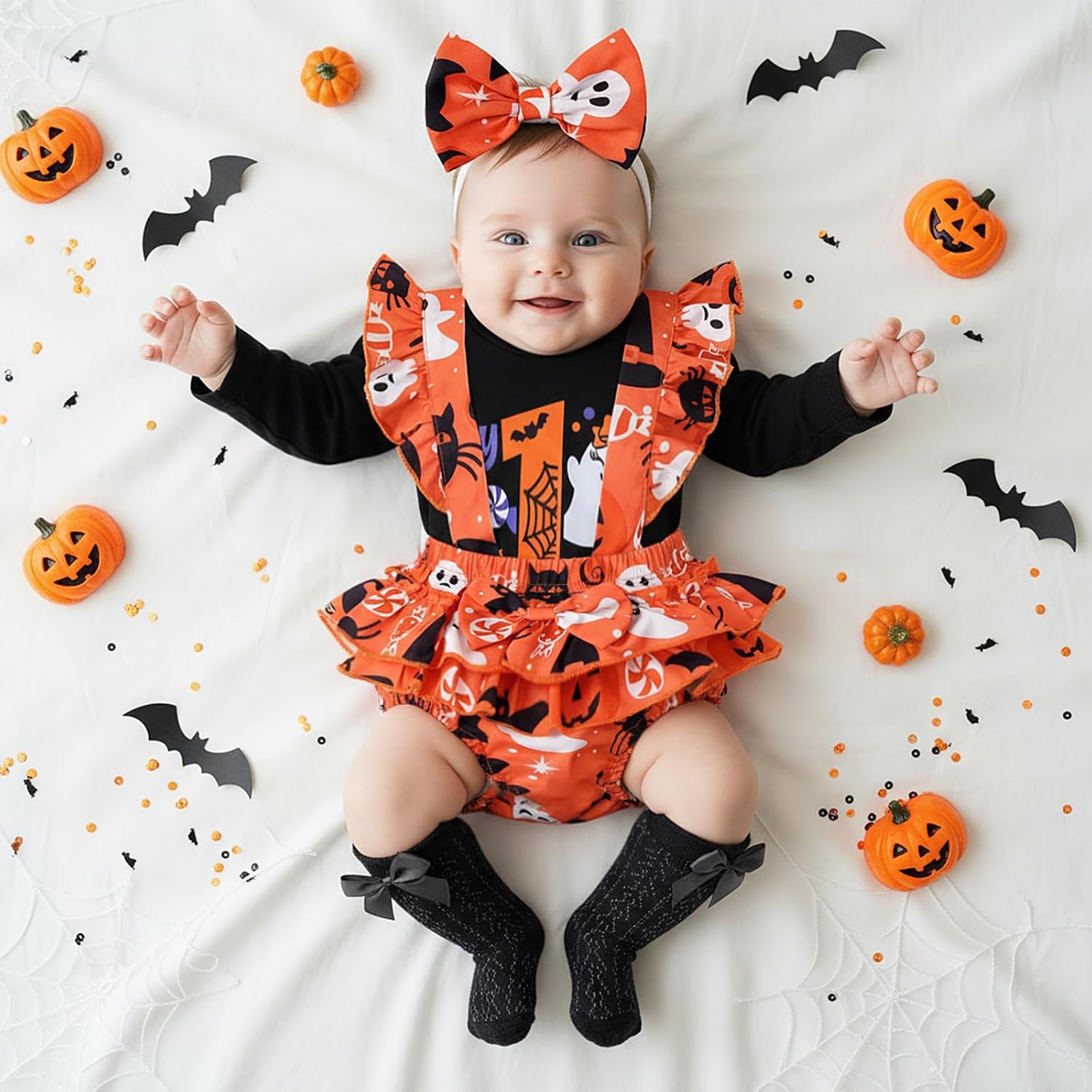 My First Halloween Outfit Baby Girl Letter Print Long Sleeve Romper Top Spooky Candy Shorts Set - Image 2
