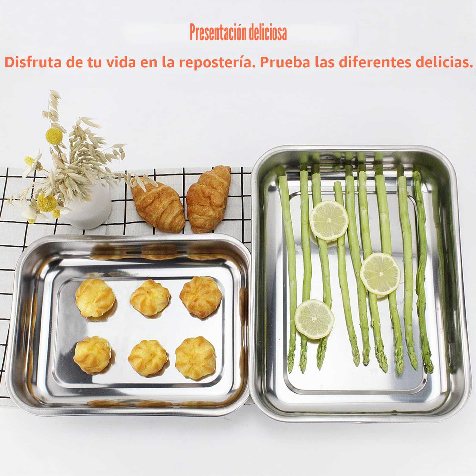 ROSSETTO Bandeja para Hornear Rectangular de Acero Inoxidable con Asas Plato para hornear Juego de 4 tamaños Rustidera de Horno Plato para lasaña