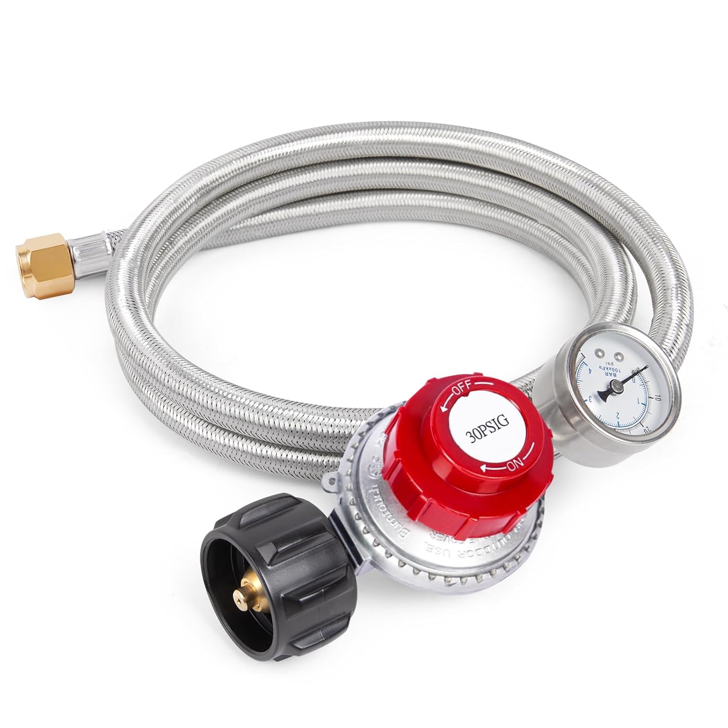 GASPRO 0-30 PSI Adjustable Propane Regulator with Gauge & 5FT Stainless Braided Hose for Turkey Fryer, Gas Burner, Fire Pit