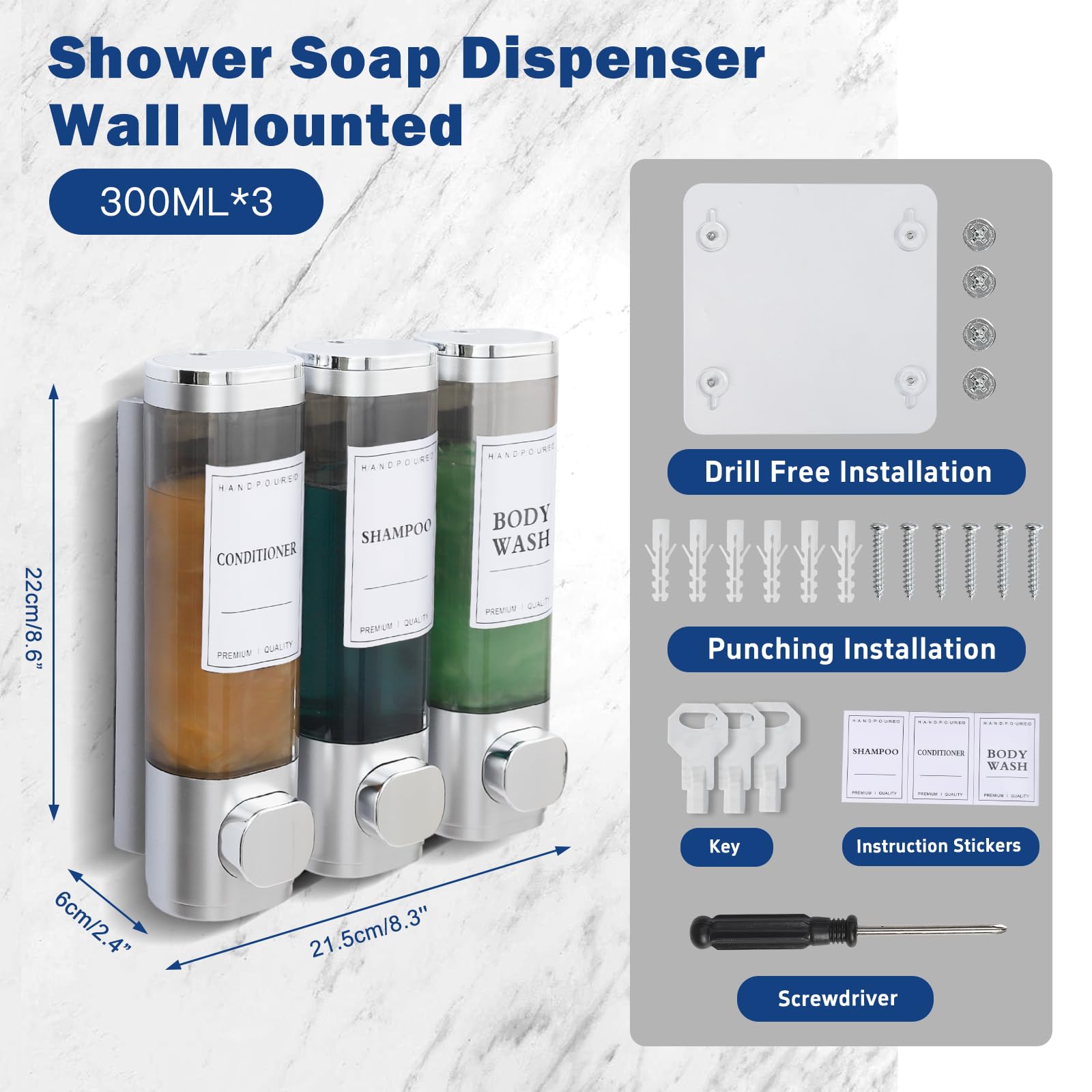Dispenser per shampoo e balsamo, dispenser per shampoo doccia a 3 camere, senza foro, per doccia, montaggio a parete, per bagno, hotel, cucina, 3 x 300 ml, grande capacità, argento