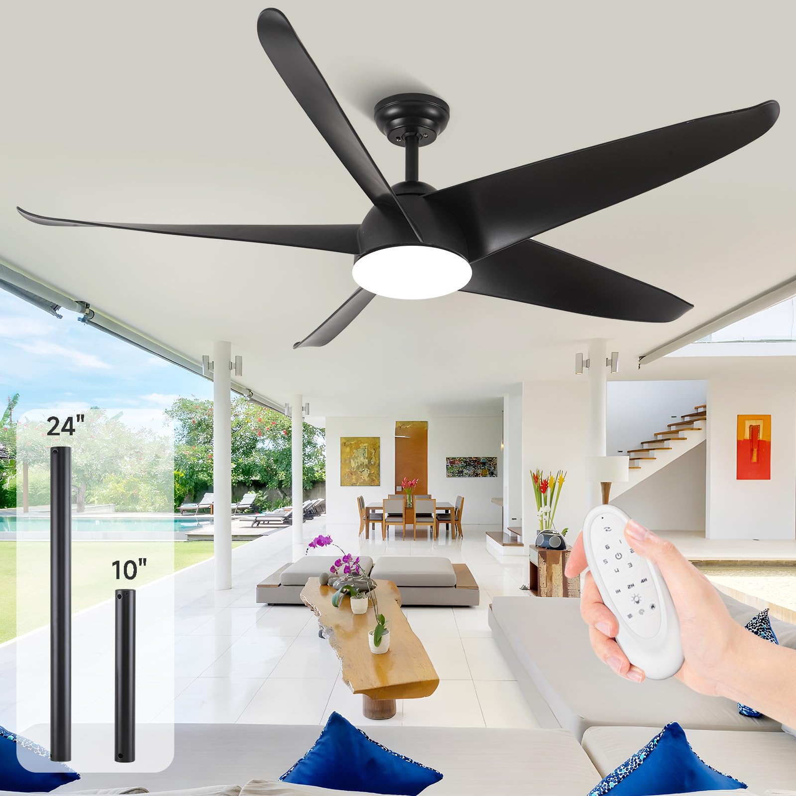 NWIASS 60 Inch Ceiling Fans with Lights and Remote, Wet Rated Outdoor Ceiling Fan for Patio Waterproof, Modern Black Ceiling Fan 5 Blade ABS Exterior
