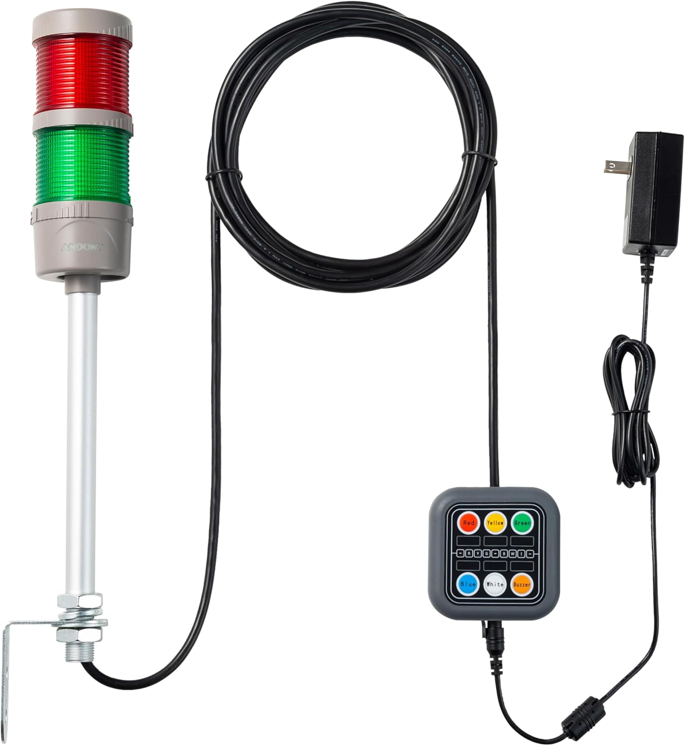 2-Stack LED Andon Tower Signal Light with Buzzer, Red/Green, On/Off/Flash, Control Box, Mean Well Industrial Power Adapter 6 ft & 16 ft Extension Cord, Plug-and-Play