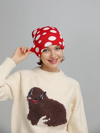 SWIMLANCE Mushroom Gifts Beanie Hat for Women Cute Red White Spot Knit Funny Birthday Christmas Stocking Stuffers Gifts Stuff