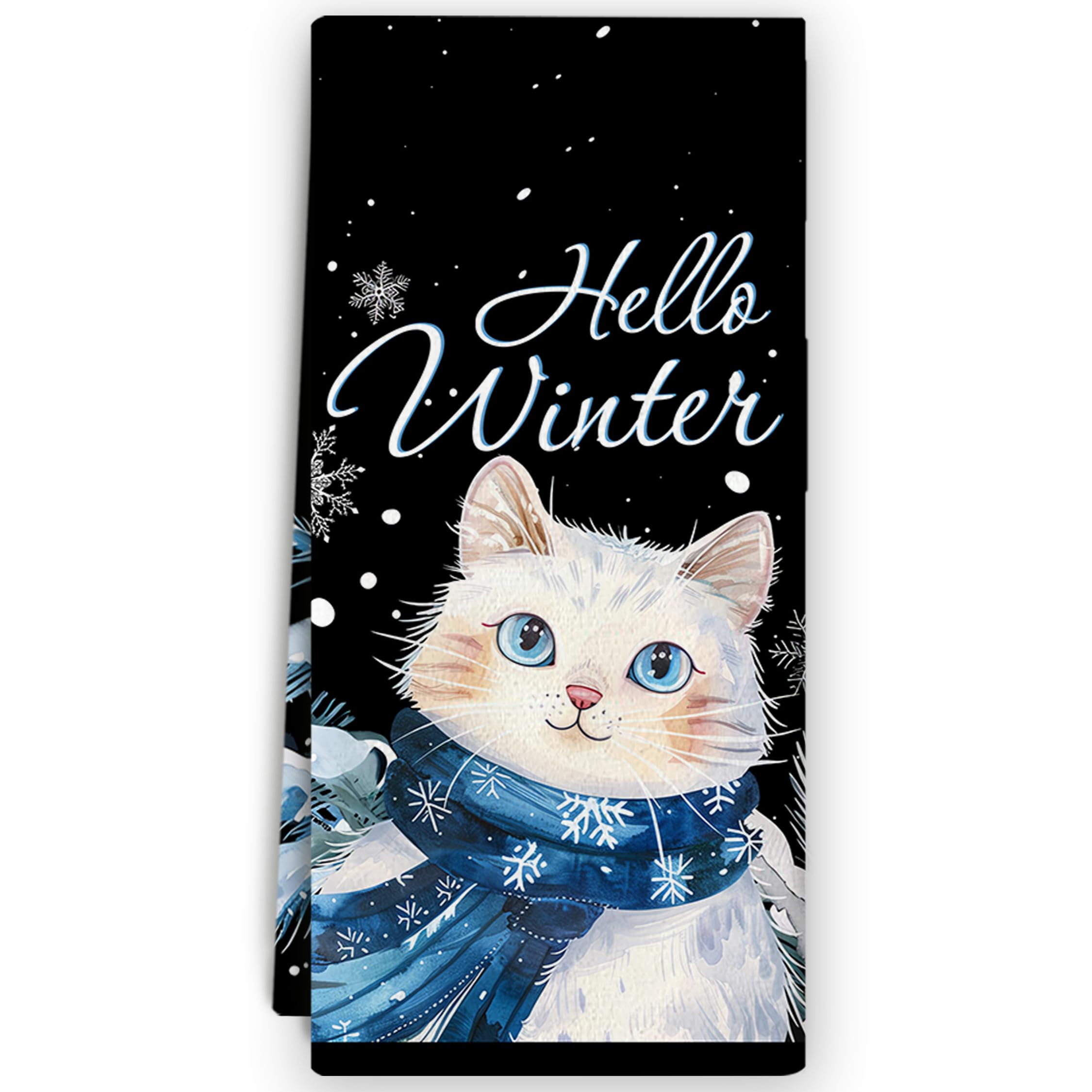 Toallas de cocina de invierno con diseño de gato – Hello Winter - Linda decoración de cocina de invierno, toallas de mano para amantes de los gatos, decoración de gatos de invierno, 16 x 24