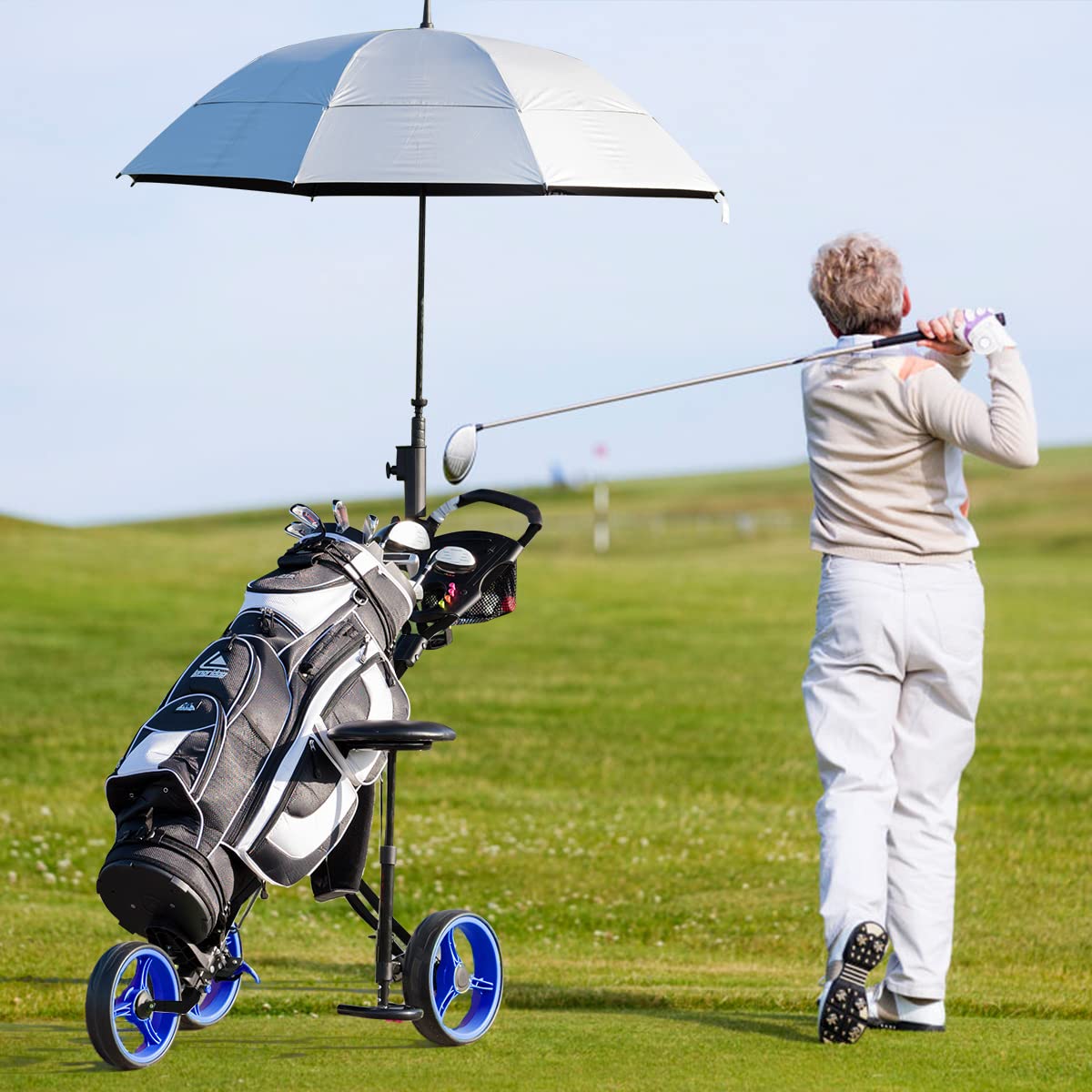 COSTWAY Carrito de Golf, Carrito de Golf Plegable con 3 Ruedas y Asiento, Mango de Altura Ajustable, Marcador, Portavasos, Paragüero, Freno de Pie, Ruedas Extraíbles
