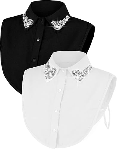 Bencailor 2 piezas de collar falso con diamantes de imitación para mujer, cuello falso, media camisa, cuello desmontable, blanco y negro, Tela, Tela.