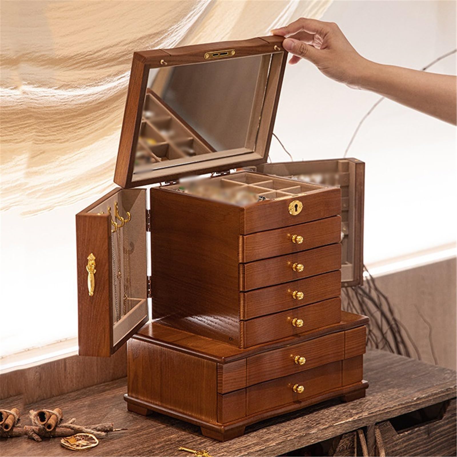 Schmuckständer Schmuckaufbewahrungsbox aus Holz, Halskettenschrank mit Schloss