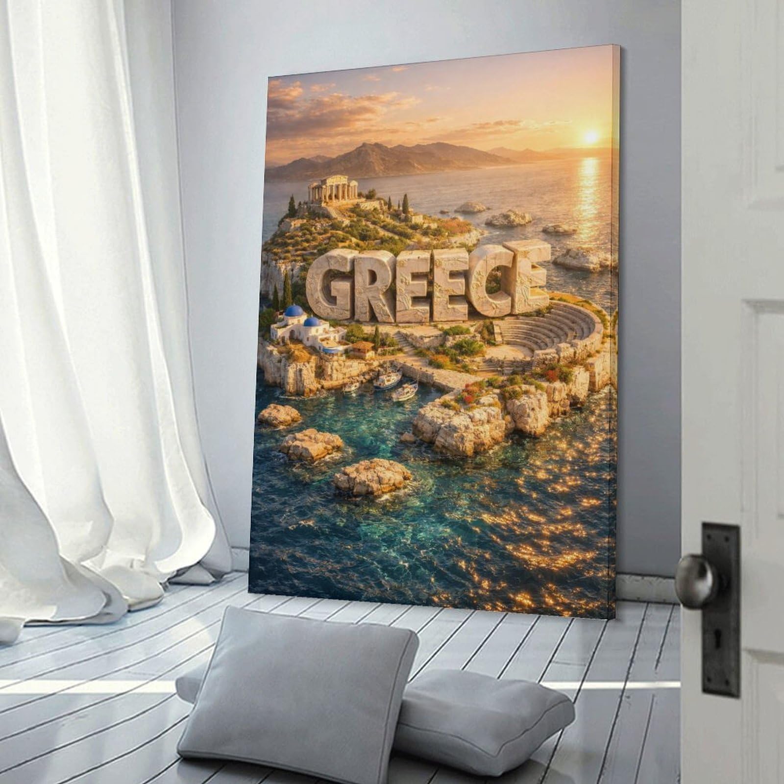 Junmoney Greece Island with Ancient Ruins Hanging Wall Art 24x36inch(60x90cm), for Study, Office Or Focused Interiors, Wall Art That Adds Style to Work Areas