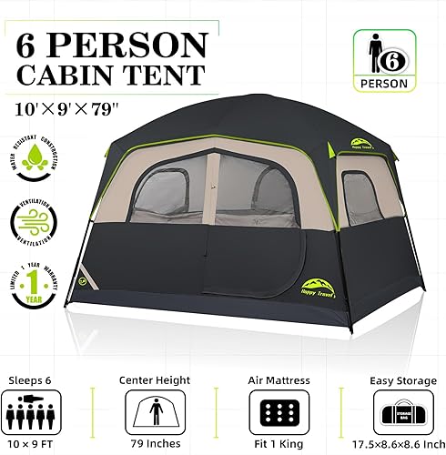 Miniatura 2 de Happy Travel Tent 6 Person Tents for Camping, Waterproof Easy Setup Camping Tent with Rainfly, Portable Large Family Cabin Tent with 5 Large Mesh