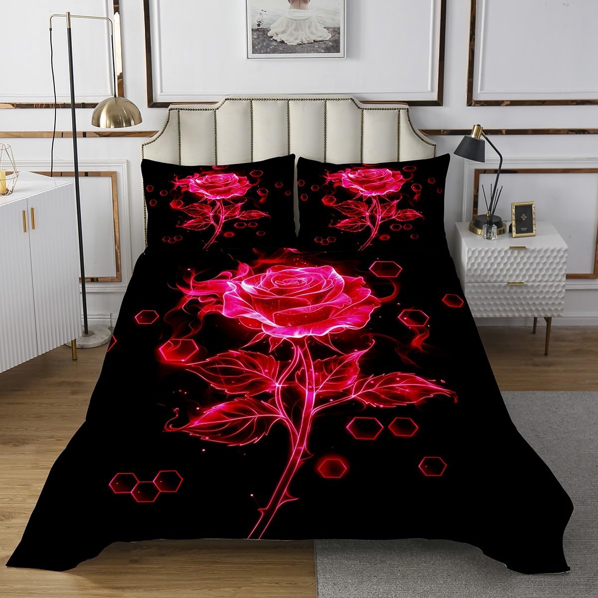 jejeloiu Rose Bedspread King Size Honeycomb Quilted Coverlet for Boys Girls Teens Black and Rose Coverlet Set Breathable Soft Lightweight Microfiber