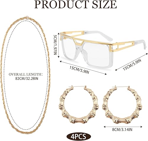 Miniatura 2 de Trajes de los años 90 para mujer, kit de disfraz de hip hop de los años 80, accesorios de joyería de rapero de la vieja escuela, lentes de sol,