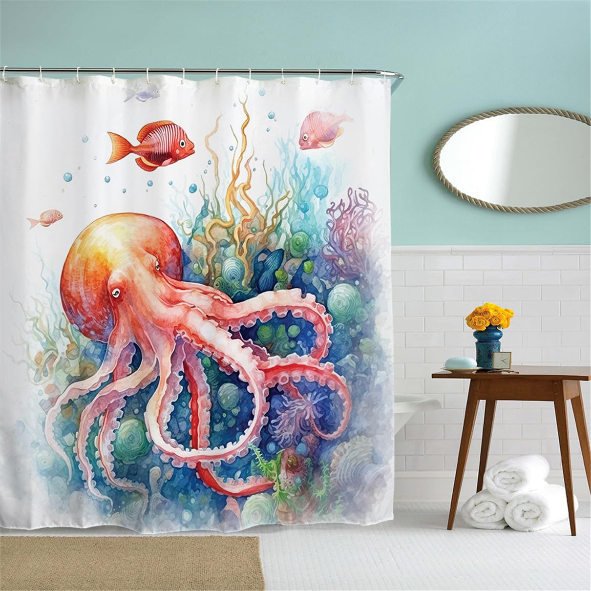 goodbath Octopus Shower Curtain 200cm drop, Watercolor Deep Ocean Sea Waterproof Fabric Bath Curtains for Bathroom Bathtub 180 x 200cm - Image 3