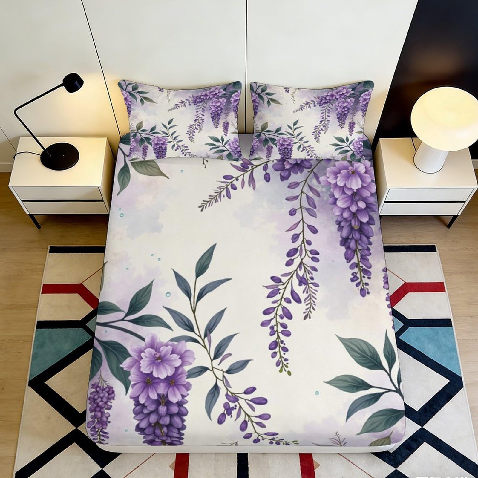3D Printed Wisteria Fitted Sheet Microfiber Deep Pocket Non-Slip Wisteria Mattress Fitted Cover for Bedroom Adult 200x200x25cm