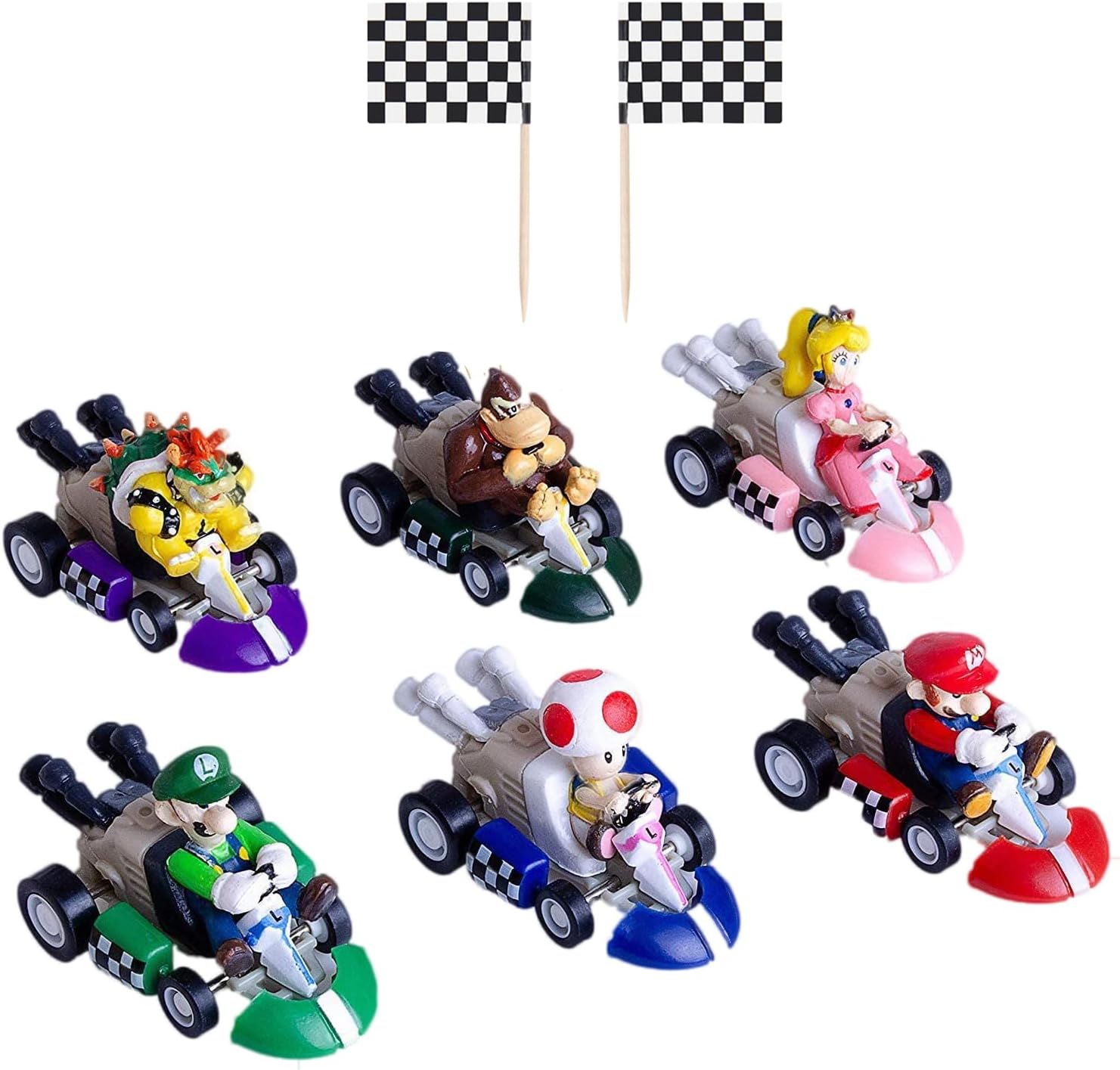 ChezMax 6 Pcs Mini Super Character Kart Pull Back Cars Cake Topper Figures Toy Set (2"),12 Pcs Racing Flag Cakecup Topper