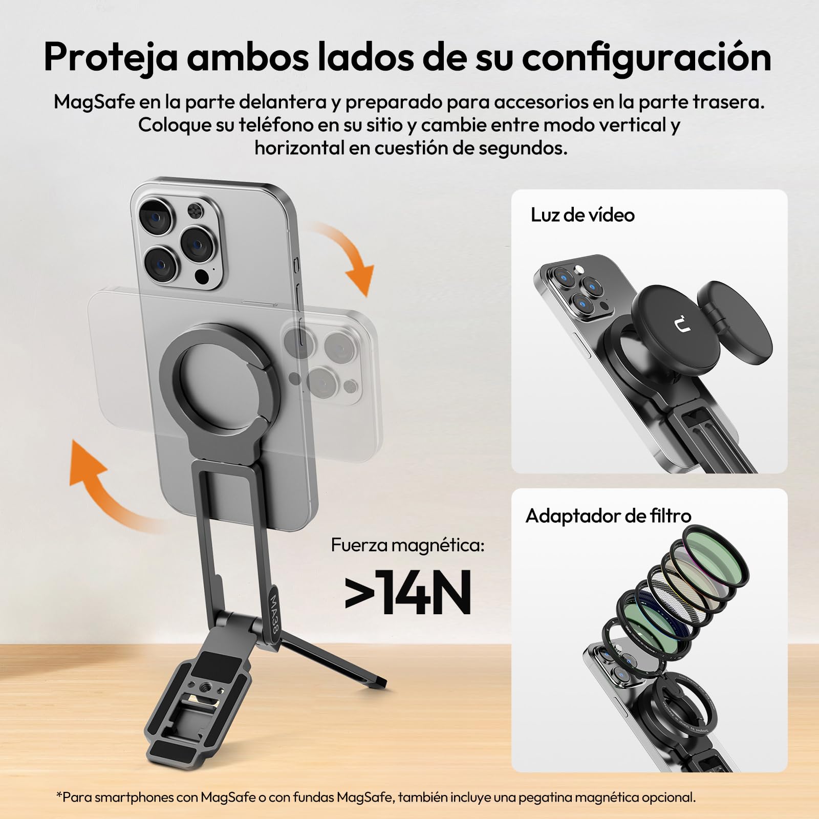 ULANZI MA38 Trípode Magnético de Doble Cara para Teléfono Móvil de Aluminio con Mosquetón, Montaje Rápido con Doble Imán, Mini Palo Selfie para iPhone 17 16, 15, 14, 13 y 12 Magsafe