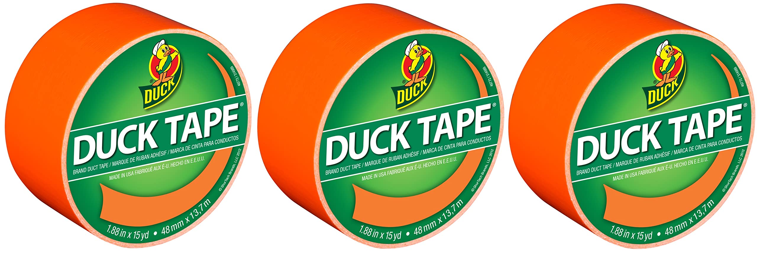 Duck Brand 1265019 Color Duct Tape, Neon Orange, 1.88 Inches x 15 Yards Each Roll, 3 Rolls