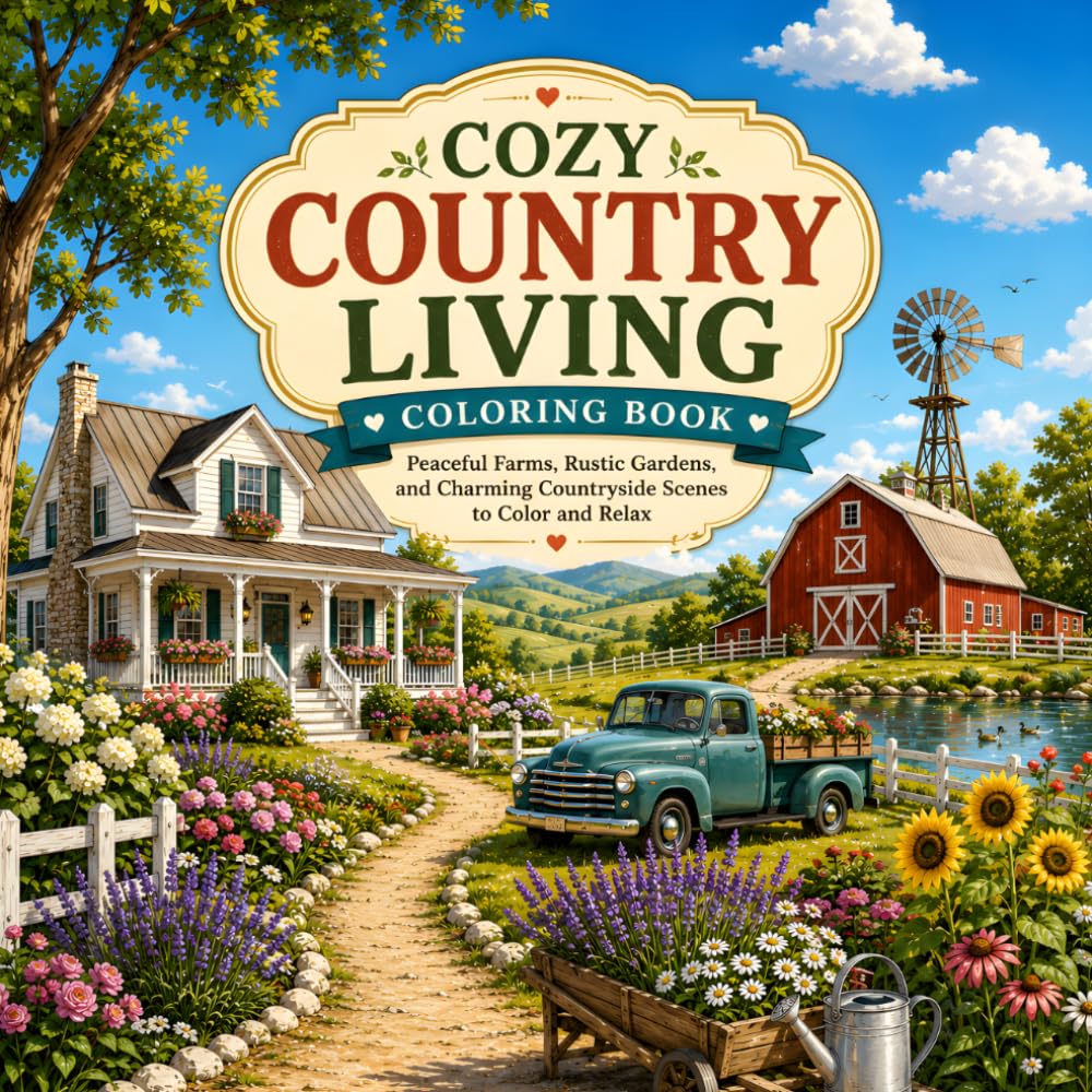 Cozy Country Living coloring Book: Peaceful Farms, Rustic Gardens, and Charming Countryside Scenes to Color and Relax (30 Page Studio)