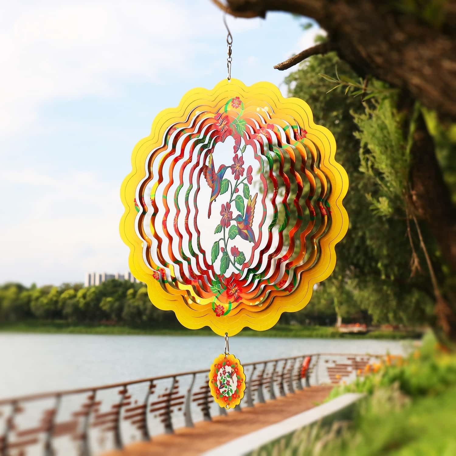 Mandala Wind Spinner 3D Rotating Yellow Hummingbird Style - Vibrant Color Dynamic Outdoor Garden Decoration Suitable for Weather Resistant Suncatcher in Courtyard Lawn and Courtyard