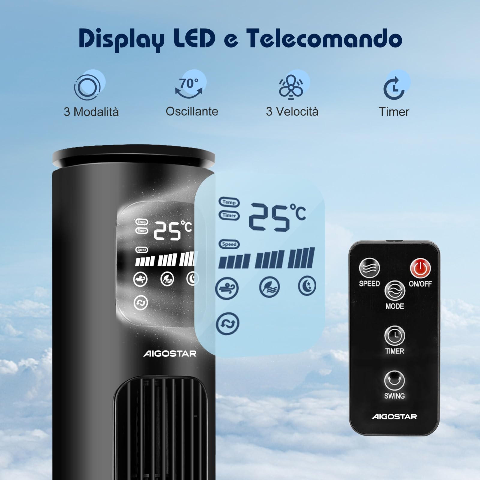 Aigostar Ross Smart - Ventilatore a torre Smart WiFi con telecomando, 102 cm, display LED, oscillazione 70°, 3 velocità 3 modalità, timer 24 ore, controllo APP, adatto per casa e ufficio