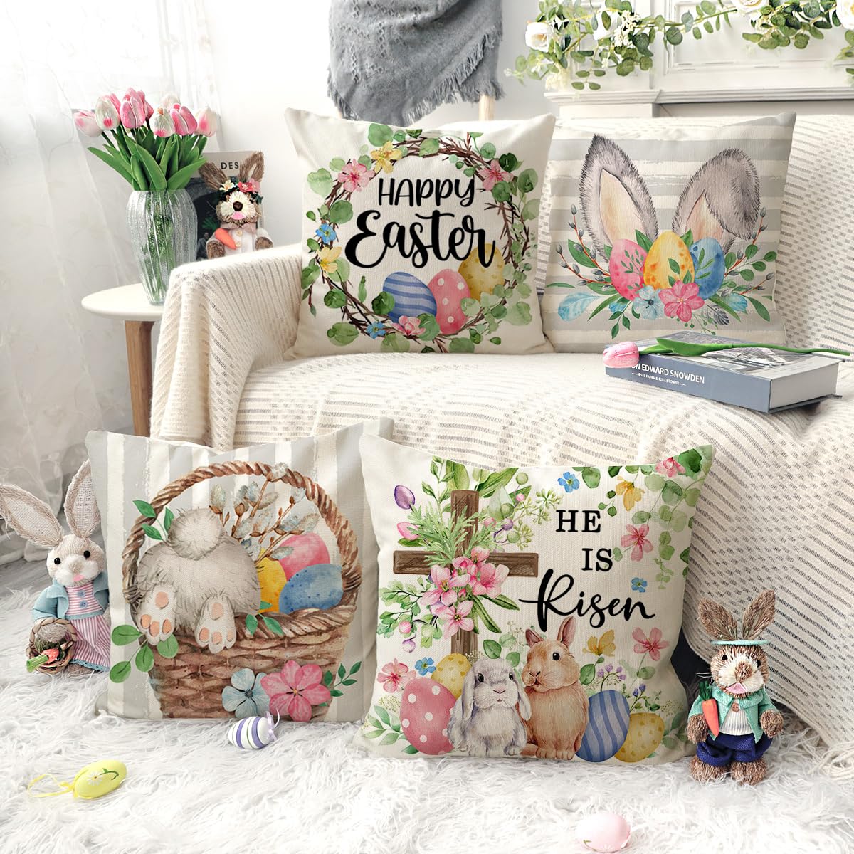 4TH Emotion Gray Easter Pillow Covers 18x18 Set of 4, He is Risen Bunny Floral Eggs Farmhouse Decorations Spring Holiday Decor Throw Cushion Case for Home Couch TH211 1