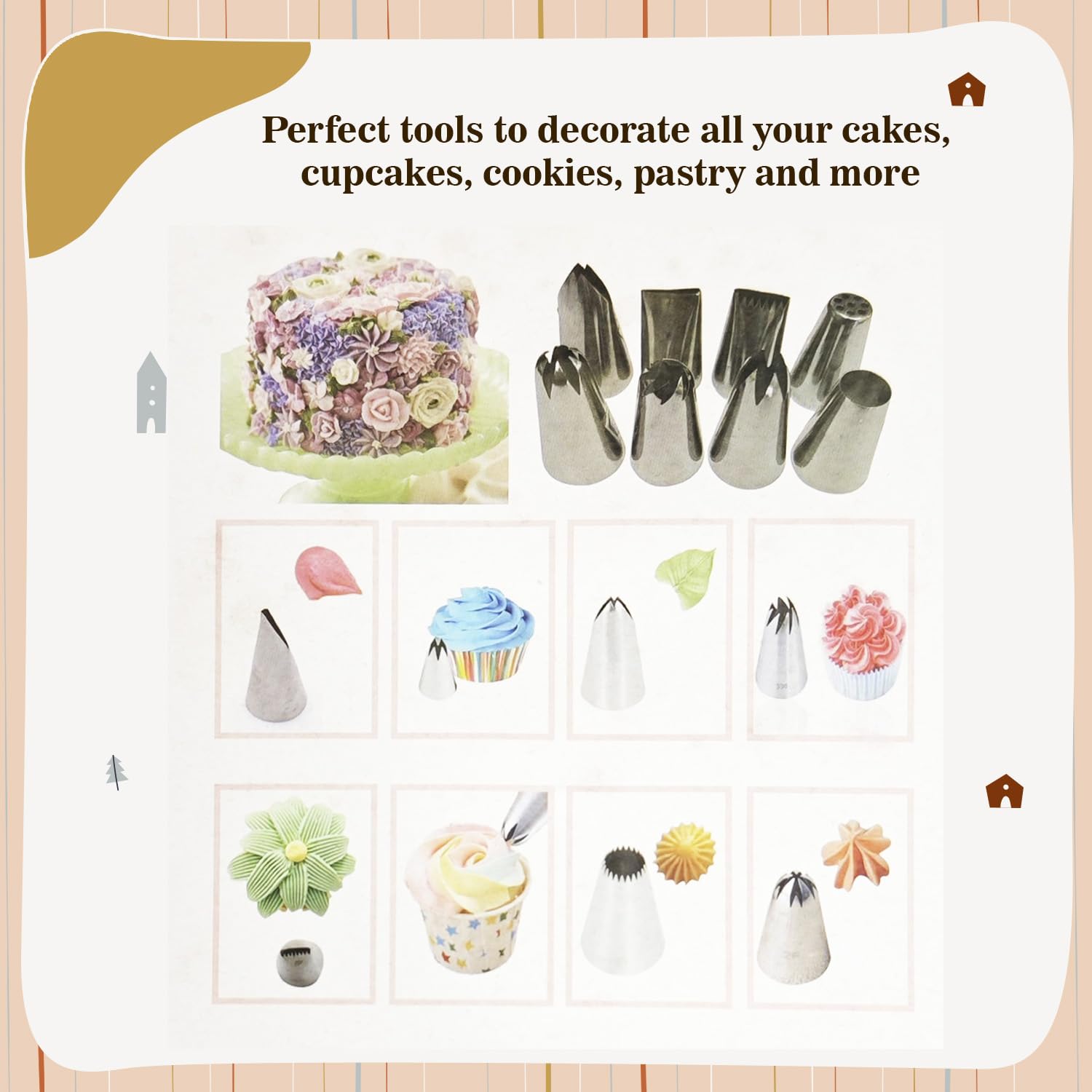 Cake Decor - Stainless Steel Nozzle Set - 8 Professional Piping Tips for Icing, Decorating Cakes, Cupcakes, Cookies, Pastries - Reusable, Durable, Easy to Clean 1