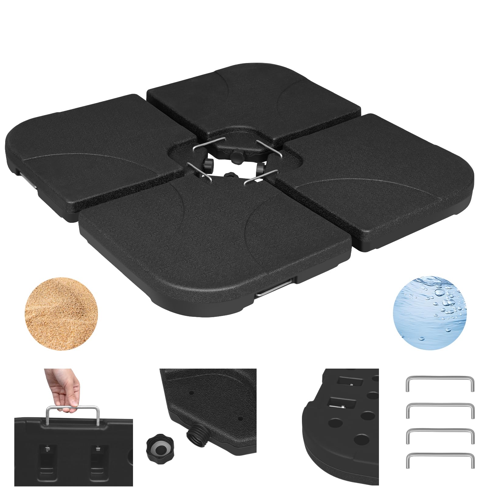 WOLTU Pied de Parasol 4 Pièces, Poids pour Parasol Croix de Sol, 60 L/80 kg, à Remplir d'eau ou de Sable, avec Connecteurs Métalliques, en Plastique, Carré, Noir